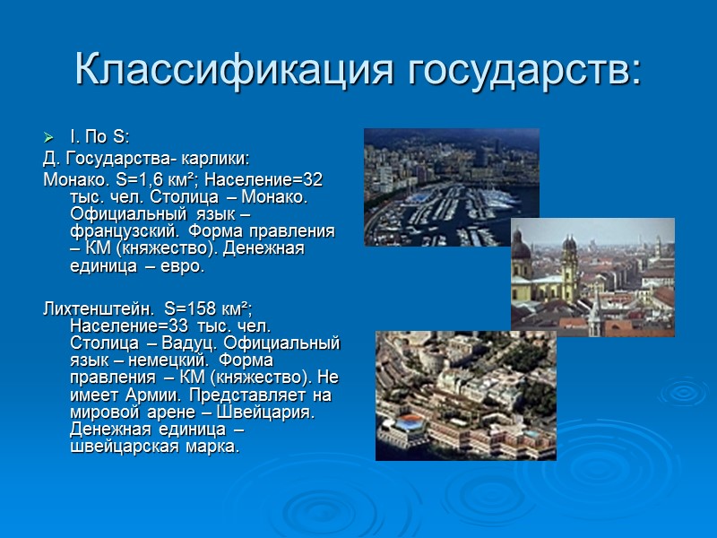 Классификация государств: I. По S: Д. Государства- карлики: Монако. S=1,6 км²; Население=32 тыс. чел. Классификация государств: I. По S: Д. Государства- карлики: Монако. S=1,6 км²; Население=32 тыс. чел.